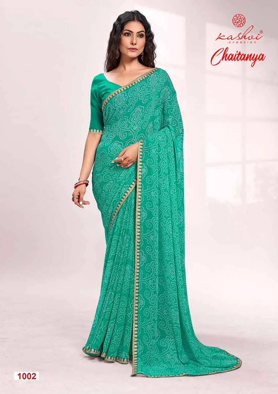 Kashvi Creation Chaitanya Bandhej Georgette Wholesale Sarees Catalog — Wholesale Sarees, Kashvi Creation wholesale from Surat - Gallery Image 2